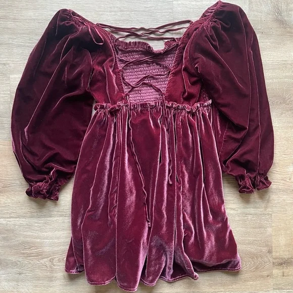 Free People Velvet Mini Dress Burgundy Puff Sleeve Lace Up Back S cottage boho - Picture 7 of 8